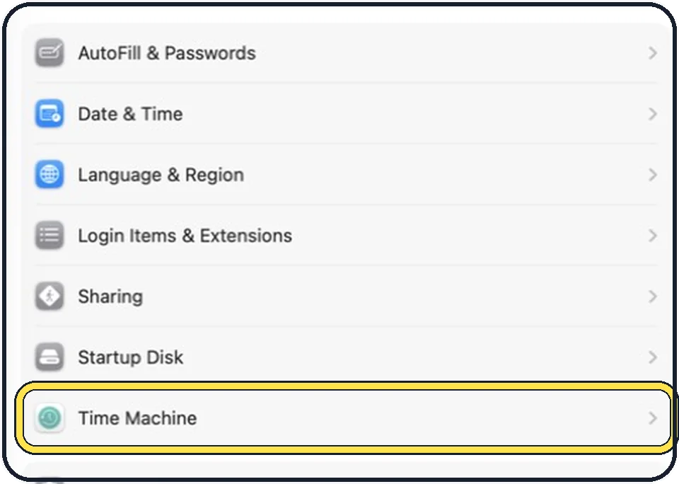 Part of the Mac System Settings window: Start a backup by hand