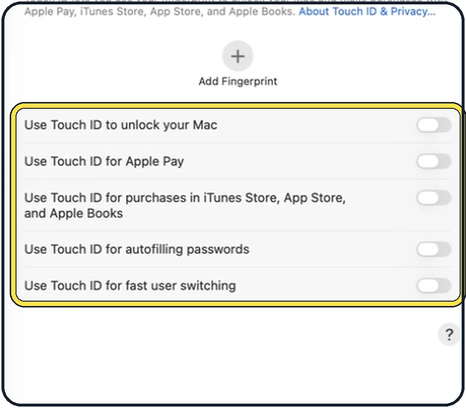 Part of the Mac System Settings window: Check what Touch ID is switched on for